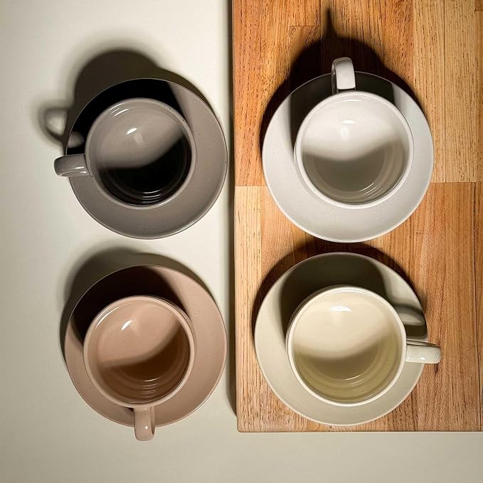 Mora Ceramics 8oz Cappuccino Mug Set of 4 - Ceramic Coffee Cups with Saucers - Microwave and Dishwasher Safe, Perfect For Tea, Espresso, Latte - Porcelain Mugs for Kitchen or Cafe - Assorted Neutrals - Image 7