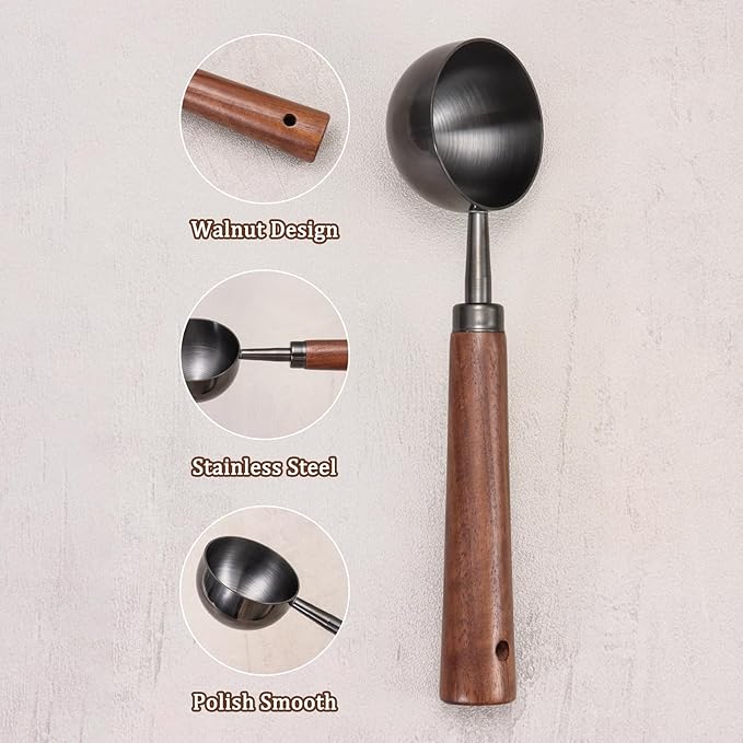 Vintage Coffee Scoop 10g/30ml Capacity Retro 304 Stainless Steel Coffee Measuring Spoon Walnut Wooden Handle Coffee Scoop Kitchen Utensil for Measuring Scooping Tea Coffee Spices (Long Handle)