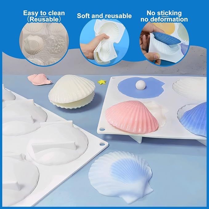Shell Shaped Silicone Molds, Large Seashell Baking Molds 6-Cavity | Marine Theme Chocolate Cake Fondant Molds for Biscuit Baking Cake Decora 3D Ocean Epoxy Resin Crafting Projects, Non-stick - Image 2