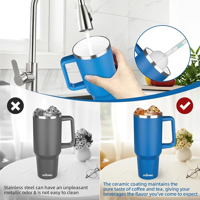 40 oz Insulated Coffee Mug with Ceramic Coating, Stainless Steel Travel Mug Tumbler with Handle Lid and Straw, Double Wall Leak-Proof Coffee Travel Mug Keeps Drink Hot and Cold (Blue) - Image 5