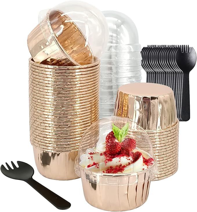 5oz Baking Cups with Lids 50 Pack,LNYZQUS Foil Cupcake Liners Muffin Tins,Disposable Ramekins Pans Muffin Cups Jumbo Cupcake Wrappers Holders for Wedding Party-Champagne by LNYZQUS
