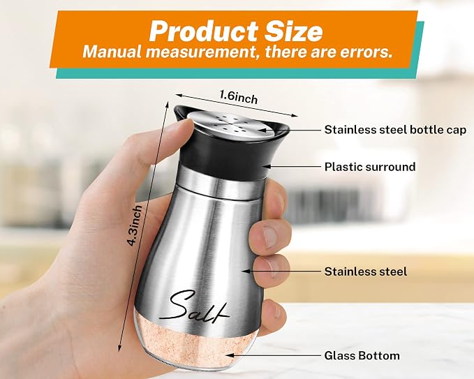 Salt and Pepper Shakers - 4 oz Silver Glass Set with Stainless Steel Lids | Refillable Glass Shakers with Stainless Steel Lids for Cooking, Dining, RV Trips, Camping and BBQs; 4 oz Capacity Each. - Image 2