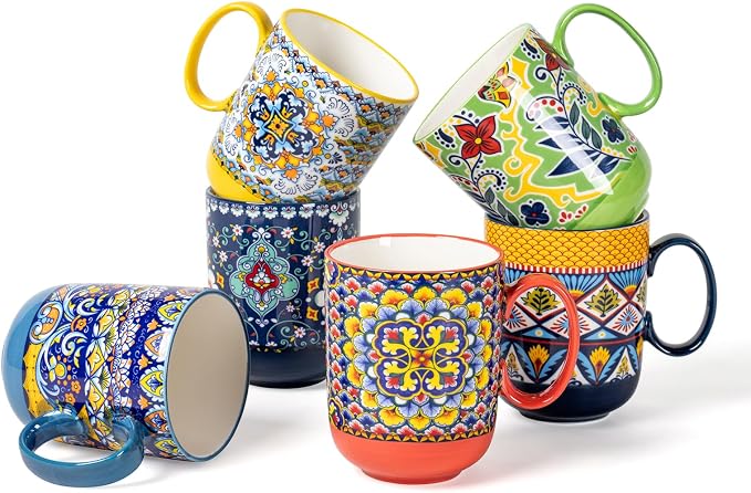 HENXFEN LEAD Boho Ceramic Coffee Mugs Set of 6, 14 oz | Assorted Patterns, Ideal for Coffee, Tea, Latte & Hot Cocoa, Microwave & Dishwasher Safe, Lead-Free Glaze by HENXFENLEAD