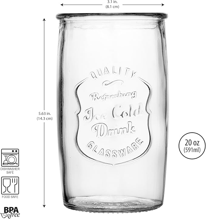 Glaver's Drinking Glasses Set of 4, Vintage Italian Style – Elegant 20 Oz Clear Tumbler Glassware Set– Genuine Artisan-Made for, Refreshing Drinks, Beverages, Cocktails. - Image 4