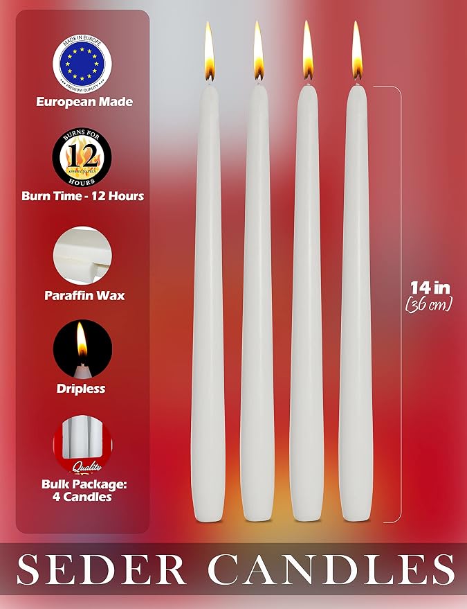 Ner Mitzvah Passover Seder Candles - 12 Hour Burn Time - European Made - Pack of 4 Taper Candles - Image 2