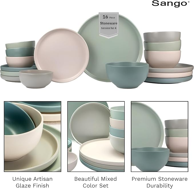 Sango 16-Piece Stoneware Dinnerware Set for 4, Satin Glazed Plates and Bowls Sets with Matte Finish, Ceramic Dish Set, Durable Kitchen Dishes, Microwave & Dishwasher Safe Dining, Rollo Artist's Blend - Image 7