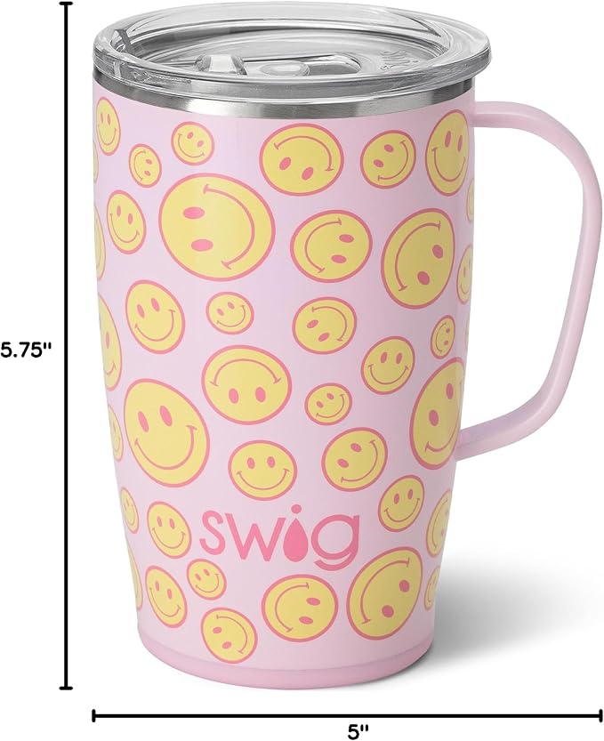 Swig Life 18oz Insulated Travel Mug with Handle & Lid, Oh Happy Day | Triple Insulated Stainless Steel - Handle & Lid Included - Keeps Coffee Hot or Cold - Cup Holder Friendly - Image 7
