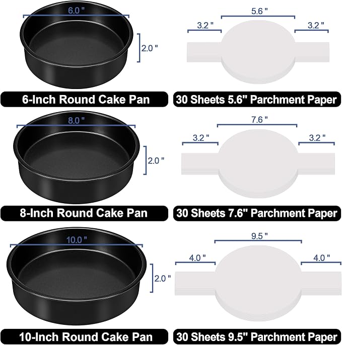Round Cake Pans, 3PCS Circle Cake Pan with 90 Parchment Paper(6, 8, 10Inch) | Nonstick Cake Pan Set for Layer Cakes Deep-Dish Pizza, Cake Baking Pans for Christmas Birthday Thanksgiving, Dishwasher Safe - Image 2