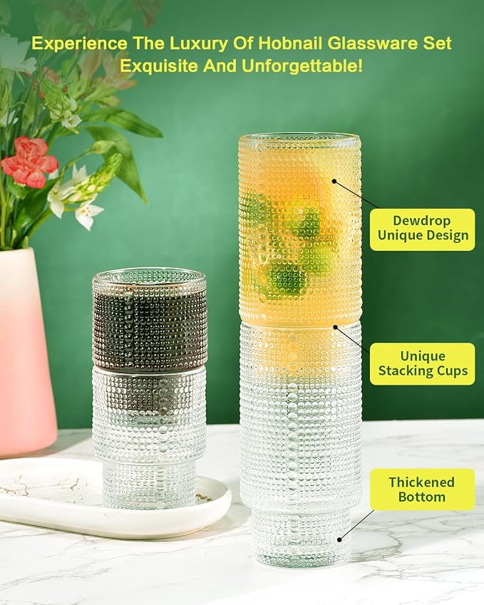ISMASOAN Hobnail Drinking Glasses Set of 12, Stackable Glasses 12 oz & 7 oz | Beaded Drinking Glasses with vintage bubble texture. Gift-ready highball cups for water, juice, cocktails and everyday drinks - Image 4