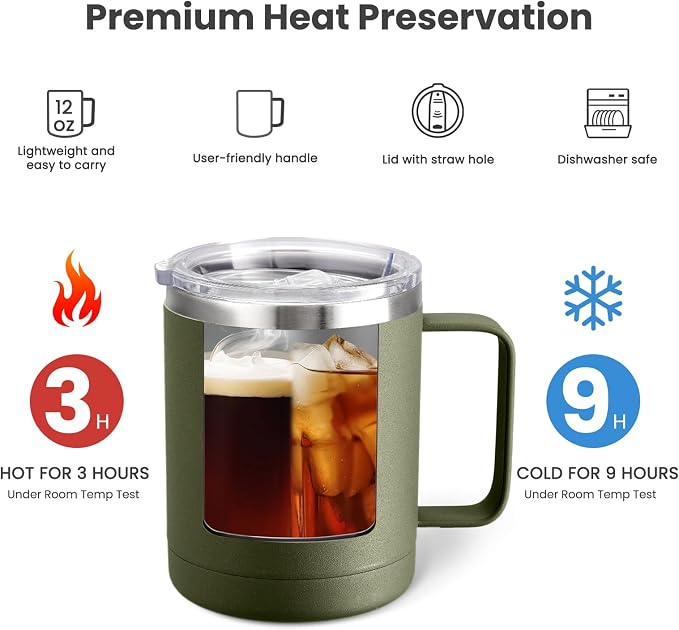 MEWAY 12oz Coffee Mug With Handle 4 Pack Bulk,Stainless Steel Insulated Travel Tumblers With Sliding Lid,Double Wall Vacuum Camping Cup for Hot & Cold Drinks Tea (Army Green,Set of 4) - Image 3