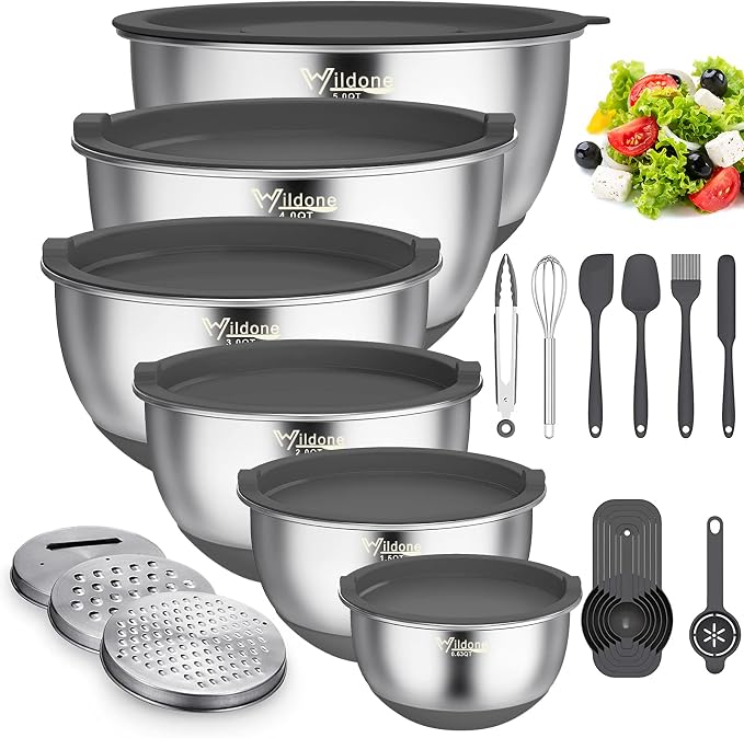 Wildone Mixing Bowls with Airtight Lids, Stainless Steel Mixing Bowls Set | Metal Bowls with 3 Grater Attachments & Non-Slip Bottoms, Size 5, 4, 3, 2,1.5, 0.63QT, Includes Utensil Set for Prep, Gray by Wildone