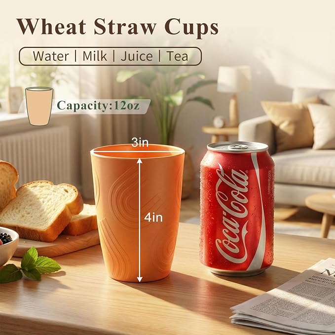 12oz Wheat Straw Cups Set of 6, Alternatives to Plastic Cups Reusable, Unbreakable Drinking Glasses, Microwave & Dishwasher Safe Drinking Cup, Small Water Cup for Kitchen, Party (Multicolor) - Image 3