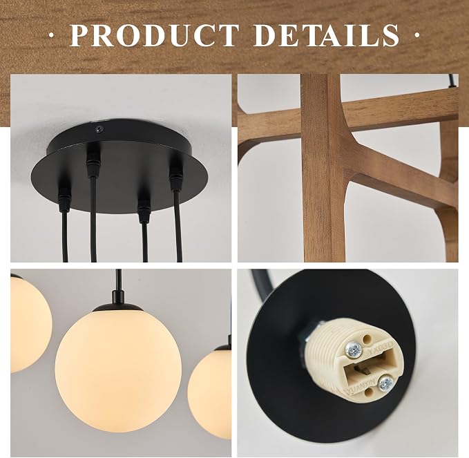 Farmhouse Wooden L24'' Chandelier Rustic Oak Wood Pendant Lights Mid Century 4-Light Milk Glass Globe Pendant Chandelier for Dining Room Kitchen Foyer Entryway Bedroom, G9 - Image 5