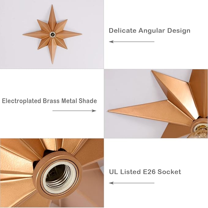 16 inch Flush Mount Ceiling Light, Gold Star Light Fixture, Farmhouse Star Ceiling Light, Vintage Flush Lighting Ceiling for Hallway, Entryway, Study, Bedroom, Stair, Foyer, Kitchen, Bathroom - Metal - Image 5