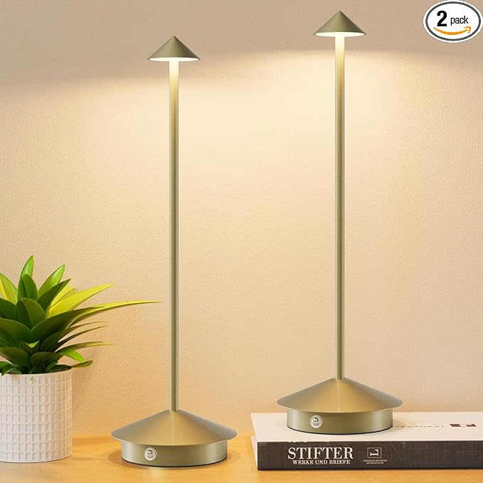 Cordless LED Table Lamps,Portable Battery Desk Lamp,2 Pack,Gold | 6000mAh Rechargeable,3000K/4500K/6000K Touch Stepless Dimming,Aluminum IP54 Waterproof Wireless Lighting for Outdoor/Indoor by Aoceley