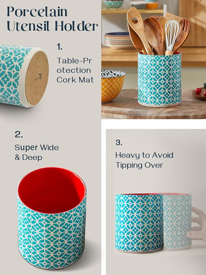 DOWAN Colorful Large Utensil Holder, 7.2" x 6.2" Ceramic Kitchen Utensil Holder for Countertop, Vibrant Patterned Utensil Crock with Protection Cork Mat, Utensil Caddy for Housewarming & Wedding Gift - Image 5