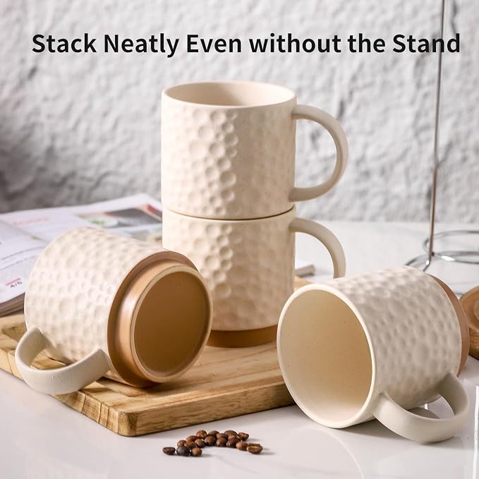 Nihow 16 OZ Ceramic Coffee Mug with Stackable Stand,Set of 4,White | Stackable, Stainless Stand Included, Cappuccino & Tea, Hot/Cold Drinks, Dishwasher & Microwave Safe - Image 6