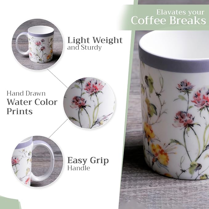 Maison d' Hermine Coffee Mug with Handles Tea Cups (12 Ounce, Pack of 1) | Fine Bone China Coffee Mugs for Hot Beverages Cappuccino Latte Home Restaurant Spring Summer -Summer Floral - Pink Clover - Image 5