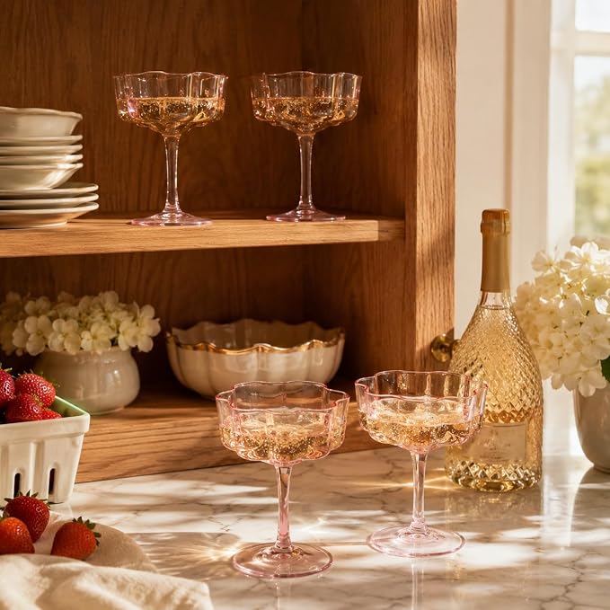 Flower Scalloped Vintage Wavy Petals Wave Glass Coupes 7oz Colorful Martini, Champagne & Cocktails, 4 Set Pink Rippled Champagne Glasses, Elegant Bar Glassware, Unique Aesthetic Coupe Glassware Gifts - Image 11