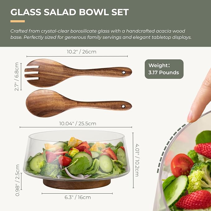 muso wood Salad Bowl Set Large-capacity Glass Salad Bowl with Acacia Wood Base and Salad Spoon-fork Perfect for Family Gatherings and Dinner Parties Mix Effortlessly - Image 2