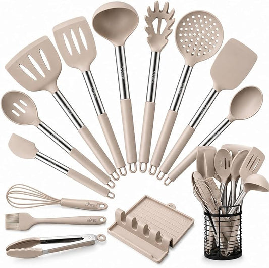 HOTEC 446°F Heat Resistant Silicone Kitchen Utensils, Cooking Utensil Set, Spatula Set, BPA Free, Kitchen Gadgets, With Stainless Steel Utensils Holder, Dishwasher Safe 14pcs Khaki by Hotec