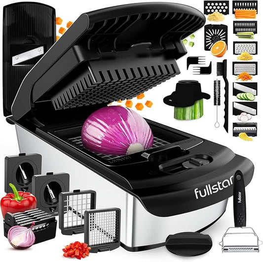 Fullstar Pro Original Vegetable Chopper & Mandoline Slicer Kitchen Gadget | 14 in 1 Veggie Slicer, Onion & Fruit Cutter with Sharp Stainless Steel Blades & Container (Stainless Steel) by fullstar