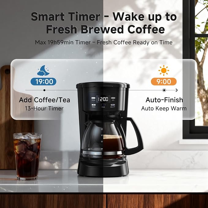 Coffee Maker, 5 Cup Programmable Drip Coffee Machine-Black | 20 Hours Timer, 2 Hours Keep Warm, Compatible with Ground&Tea Leaves,Portable Small Cafetera for Home Office Travel Camping - Image 3