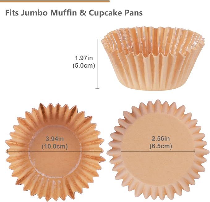 Caperci Heavy Duty Jumbo Cupcake Muffin Liners for Baking - Extra Large 100pcs Grease-Resistant Natural Paper Baking Cups, No Muffin Pan Needed, Odorless, Easily Peels (Natural) - Image 5