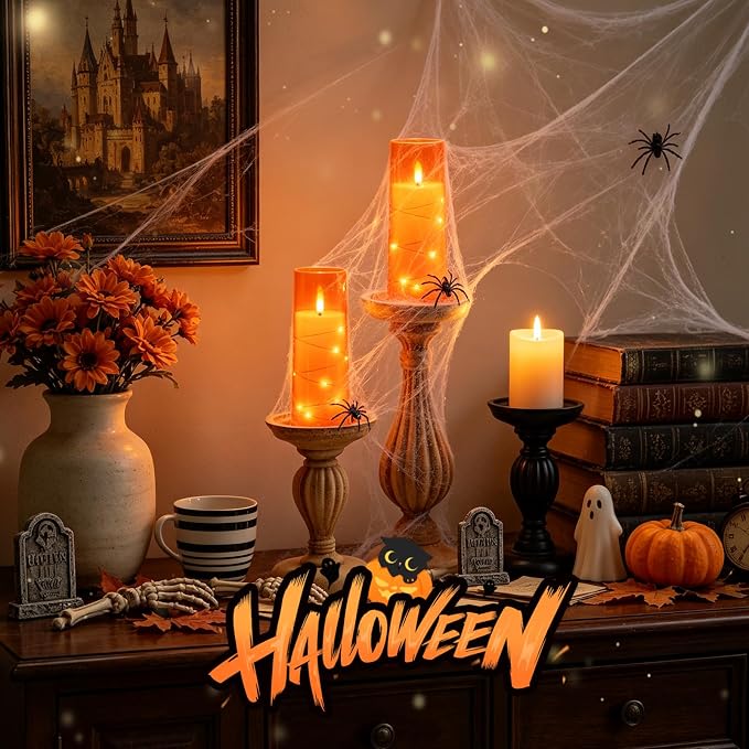 Sasigeiaa Flameless Candles with Embedded Star String - Battery Operated LED Candles, with Remote,7 Orange Flickering Candles for Christmas, Weddings, Home Decor & Party,(D 2.3"×H 5" 6" 7") - Image 5