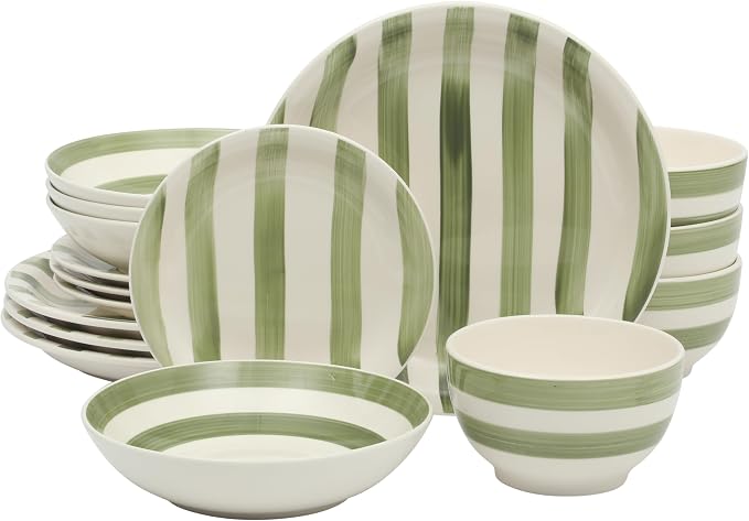 Gibson Home Kenwood Shores 16 Piece Dinnerware Set, Green Striped, Hand-Painted Stoneware, Plates and Bowls, Service for 4, Microwave & Dishwasher Safe by GibsonHomewares