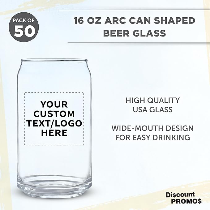 Custom Beer Can Glasses Set of 50, 16 oz. Pint Sized, Promotional Text, Logo, Soda Can Shape, Glassware, Clear