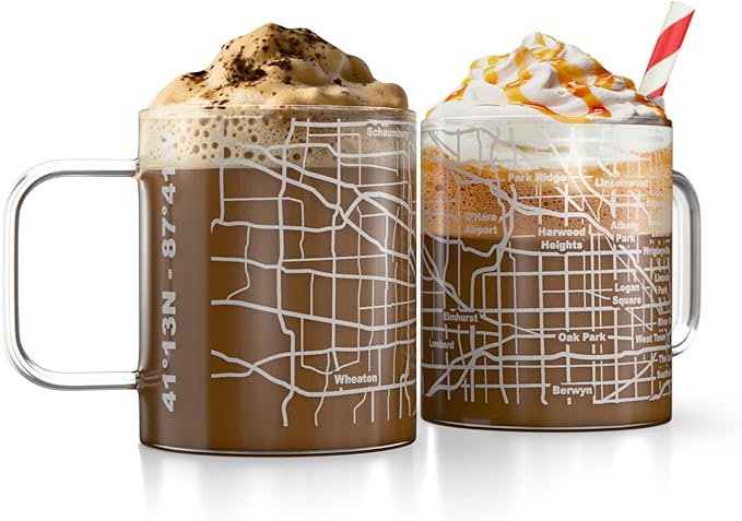 Greenline Goods – Chicago, IL Map Glass Coffee Mugs (Set of 2), 16 oz – Etched Wrap Design