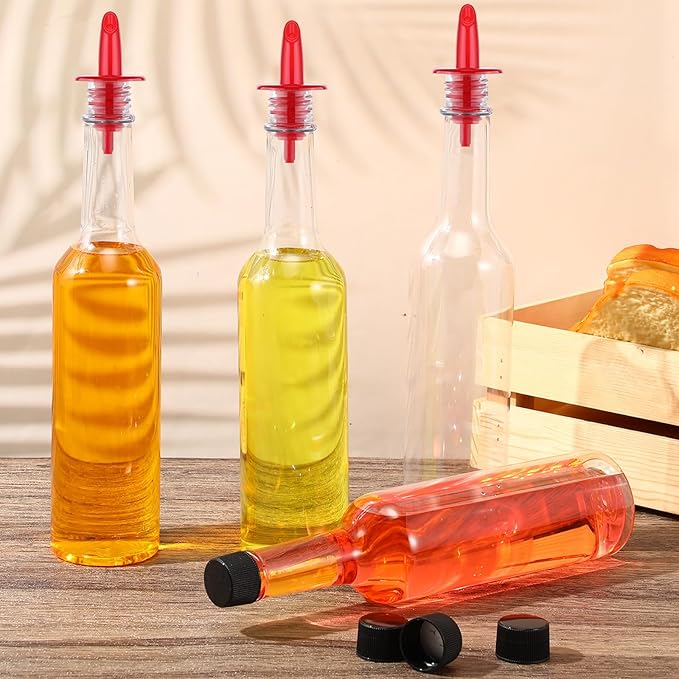 Tioncy 10 Sets 15oz Plastic Liquor Bottles with Pourers Sets 10 Plastic Long Neck Syrup Bottles with Pourer and Caps Reusable Leakproof for Home Party Bar(Red)