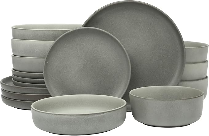 Gibson Elite Pasco 16 Piece (Service for 4) Plates and Bowls Double Bowl Reactive Glaze Dishes Stoneware Ceramic Dinnerware Set - Grey by GibsonHomewares