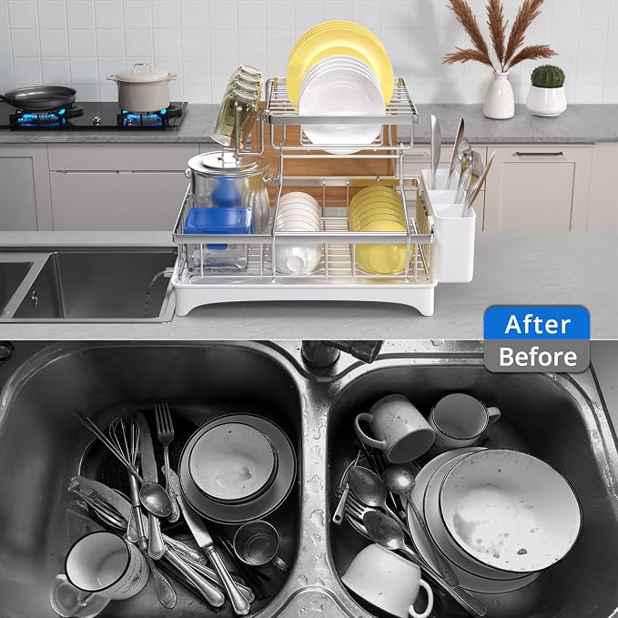 Godboat 2-Tier Dish Drying Rack - 304 Stainless Steel Dish Rack Auto Drain | Dish Racks for Kitchen Counter, Dish Drainer with Knife Fork & Cup Rack, Gifts for Women, Mothers Day, Kitchen Gadget, Silver - Image 7
