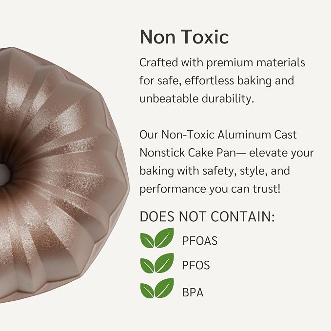 Inara 10 Cup Fluted Cake Pan Nonstick, PFOA & BPA Free | | Non-Toxic - Cast Aluminum - Gold - Pound Cake Mold for Oven Baking - Image 7