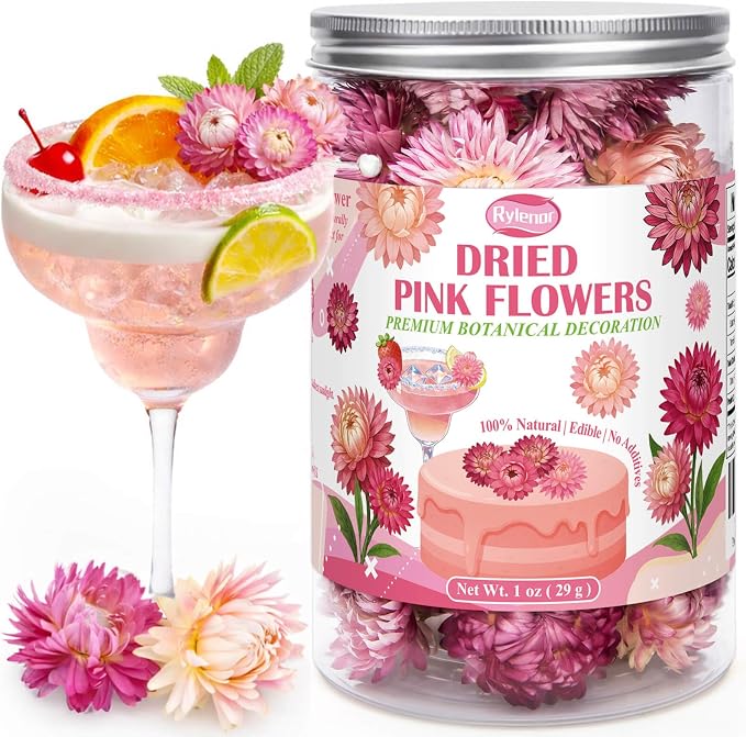 50+ Pcs Edible Pink Dried Flowers, Food Grade Helichrysum Strawflowers | Natural Edible Dried Flowers for Garnishing Cocktails, Cake Decorations, Drink Botanicals, Tea Infusions and DIY Crafts by rylenor