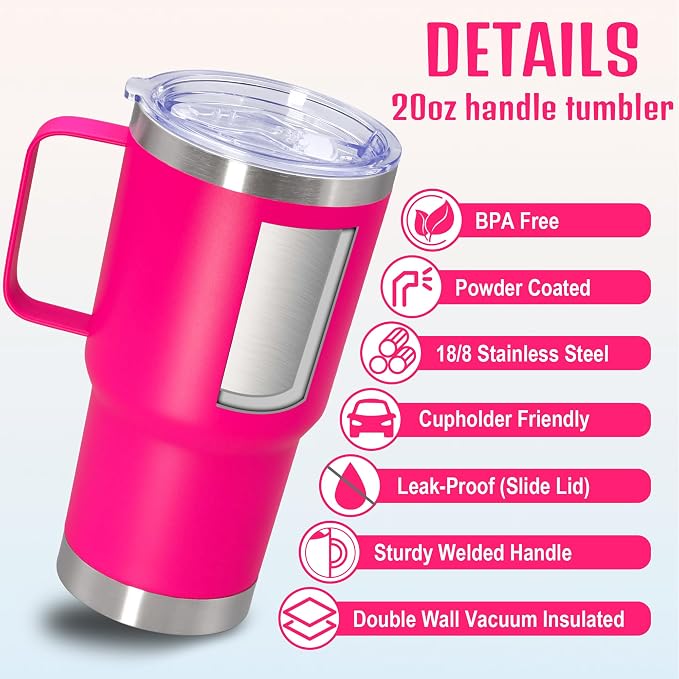 20 oz Tumbler with Handle and Lid Insulated Travel Coffee Mug Hot Pink 1P | Stainless Steel Tumbler, coffee tumbler with handle,Spill Proof Double Wall Vacuum Tumbler Cup Keep Drink Hot & Cold - Image 3