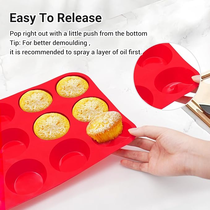 Redfly 2 Pack Silicone Muffin Pans for Baking & Cupcake Pan - 12 Cup Regular Size Silicone Molds, BPA Free Egg Bites Mold - Image 4