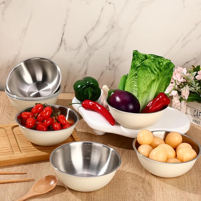 12 Pcs Stainless Steel Mixing Bowls Nesting Metal Prep Salad Bowls with Scale Reusable Baking Cooking Food Soup Storage Organizers for Kitchen Refrigerator (0.74qt)