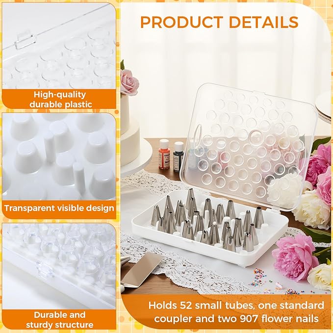 2 Pcs Piping Tip Organizer Box for 104 Icing Tips with 2 Standard Coupler 4 907 Flower Nails Piping Tip Storage for Cake Baking Decorating Tools