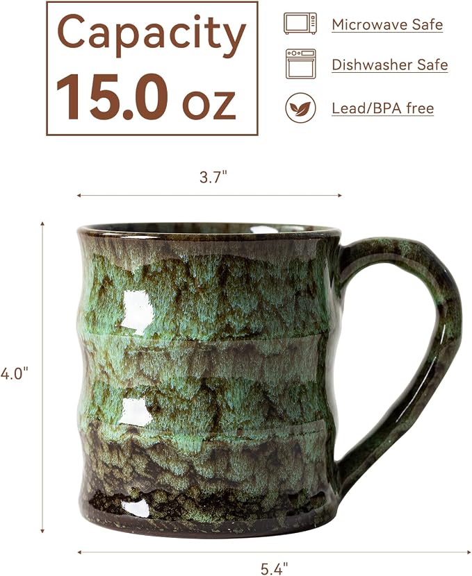 Unique Reactive Glaze Ceramic Coffee Mug - 15 oz Large Coffee Cup with Ergonomic Large Handle, Forest Green Ceramic Mug for Office & Home, Great Birthday Gift for Women, Men & Friends - Image 9