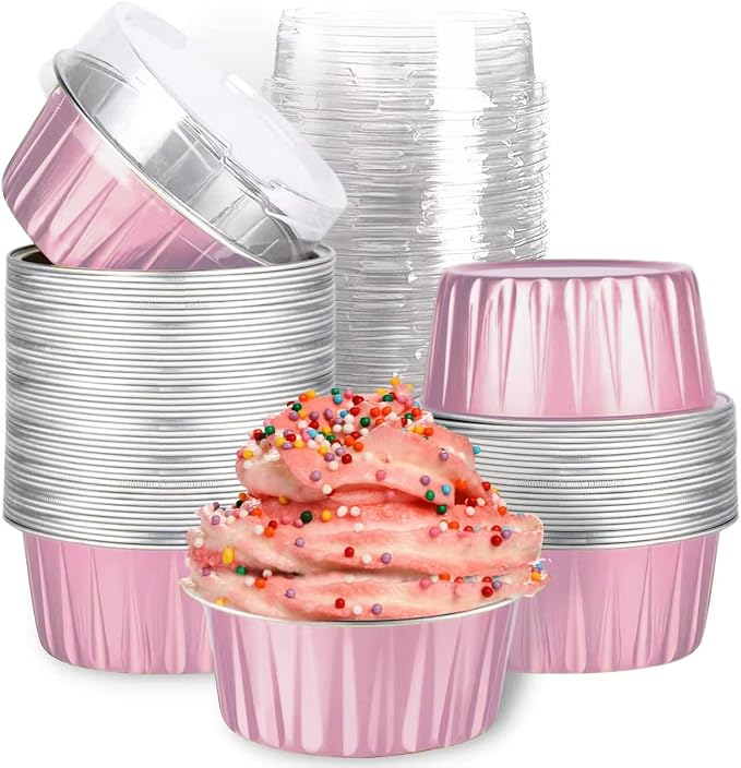 Mini Aluminum Foil Cupcake Baking Cups with Lids (40pcs, 5oz) Round Cupcake Foil Liners Tart Pie Tin Pan Holder - Disposable Mini Cake Containers Flan Molds for Pudding, Souffle, Party, Wedding by Findful