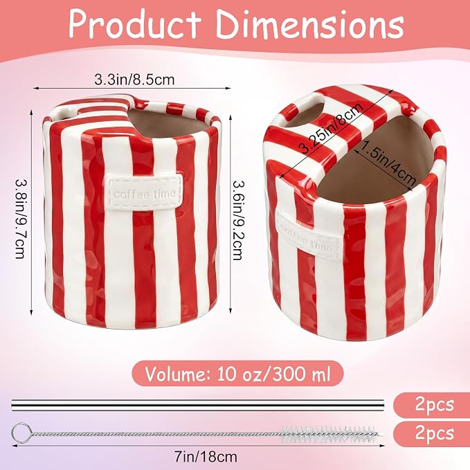 1 Pack Ceramic Coffee Mug with Sip Hole Espresso Cup 10oz with Straws Retro Hand Painted Striped Ceramic Iced Coffee Tea Travel Mug Latte Cup for Kitchen Dining (Simple,Red) - Image 2