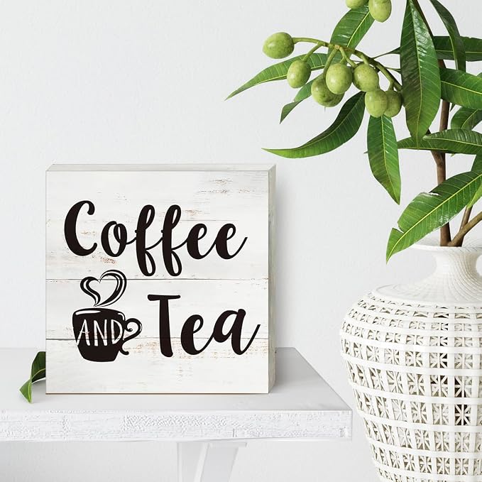 Coffee and Tea Wood Box Sign Kitchen Home Decor, Rustic Funny Coffee Wooden Box Sign Block Plaque for Wall Tabletop Desk Decoration - Image 4
