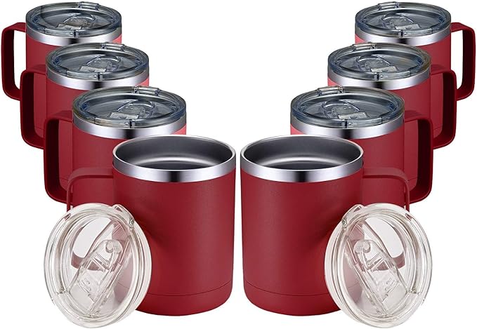 MEWAY 12oz Coffee Mug With Handle 8 Pack Bulk,Stainless Steel Insulated Travel Tumblers With Sliding Lid,Double Wall Vacuum Camping Cup for Hot & Cold Drinks Tea (Red,Set of 8) by MEWAY