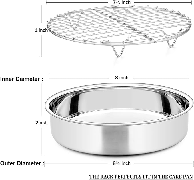 E-far 8-inch Round Cake Pan with Rack Set, Stainless Steel Cake Pans Tins and Baking Cooling Racks, Non Toxic & Healthy, Mirror Polished & Dishwasher Safe - 4 Pieces (2 Pans + 2 Racks) - Image 4