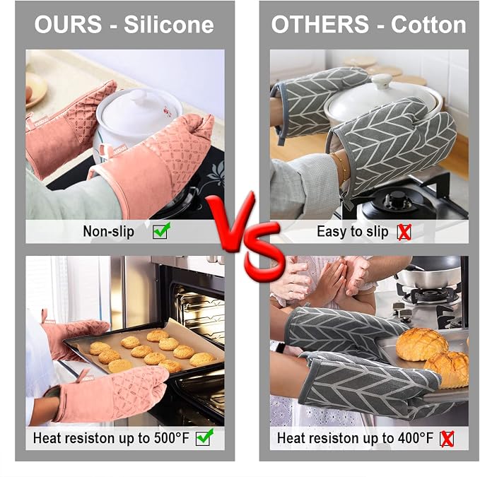 KEGOUU Oven Mitts and Pot Holders 6pcs Set, Kitchen Oven Glove High Heat Resistant 500 Degree Extra Long Oven Mitts and Potholder with Non-Slip Silicone Surface for Cooking (Pink) - Image 5