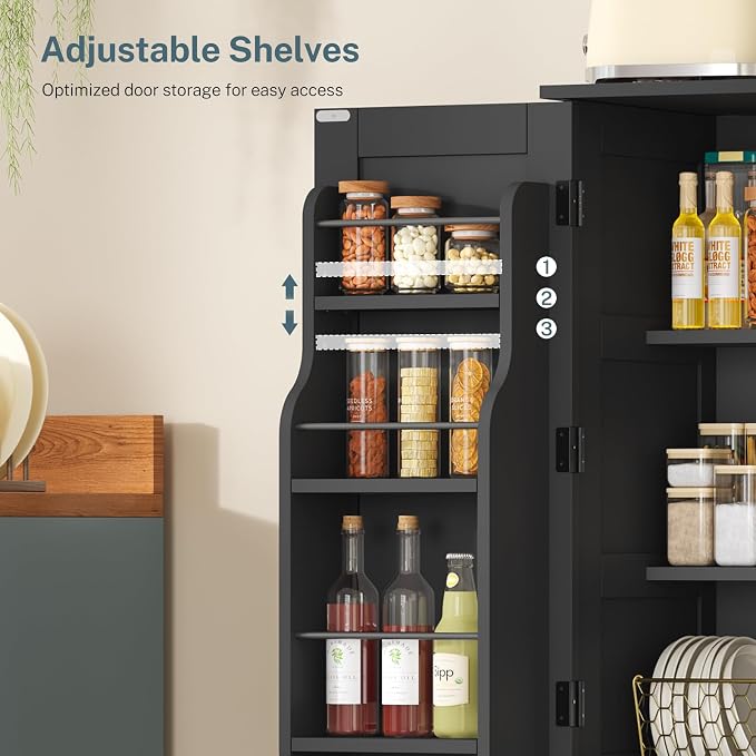 TEENFON Storage Cabinet with 4 Doors, Kitchen Cabinet with 6 Door Shelves | Kitchen Pantry Cabinet with Adjustable Shelves, for Living Room, Dining Room, Bathroom, Black - Image 6