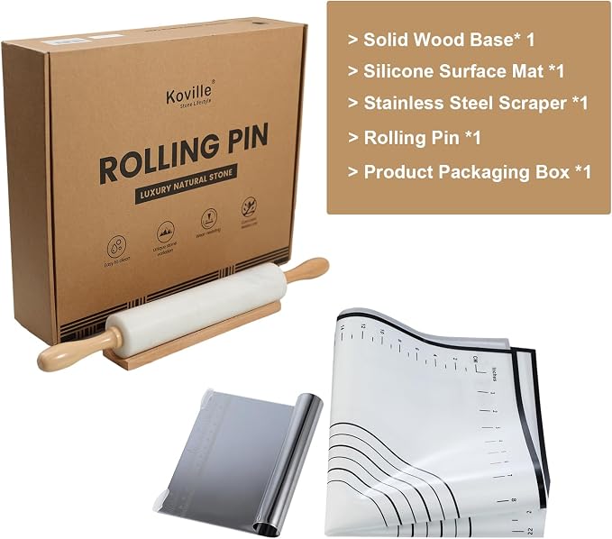 African Natural Marble Rolling Pin, Non-Stick Polished Dough Roller, Pasta, Dumpling, Fondant, Pie Crust, Bread, Pizza Dough, Kitchen Baking Pastry Tools with Mat/Scraper（Namib Fantasy） - Image 8